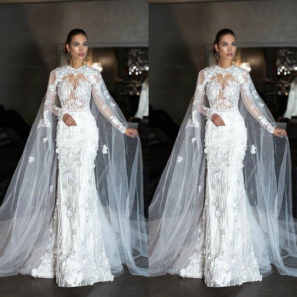 Favolosi abiti da sposa a sirena con mantello gioiello collo abito da sposa in pizzo 3D abiti Dubai abito da sposa a maniche lunghe da spiaggia Plus Size329t