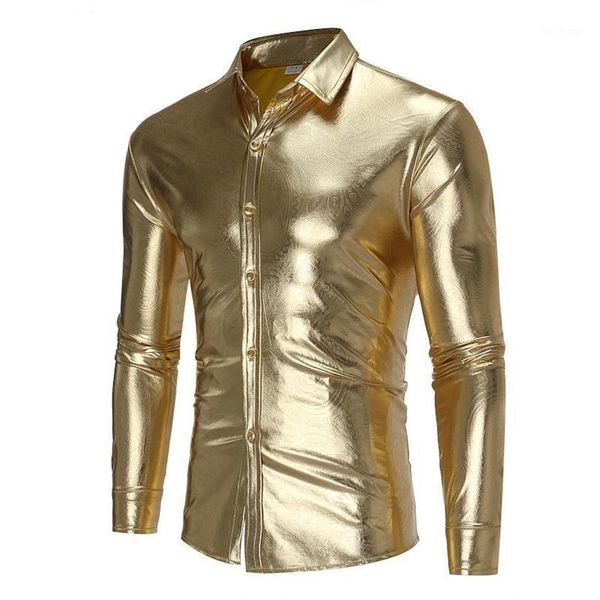 Erkek sıradan gömlekler erkek parlak altın kaplamalı metalik gömlek markası uzun kollu ince fit gece kulübü kıyafet elbise erkekler dj balo s331i