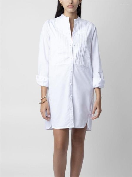 Camicette da donna 2023 Bianco Estate Femminile Del Collare Del Basamento Mini Robe Del Ricamo Delle Donne Monopetto Manica Lunga Con Lo Spacco Del Vestito Elegante