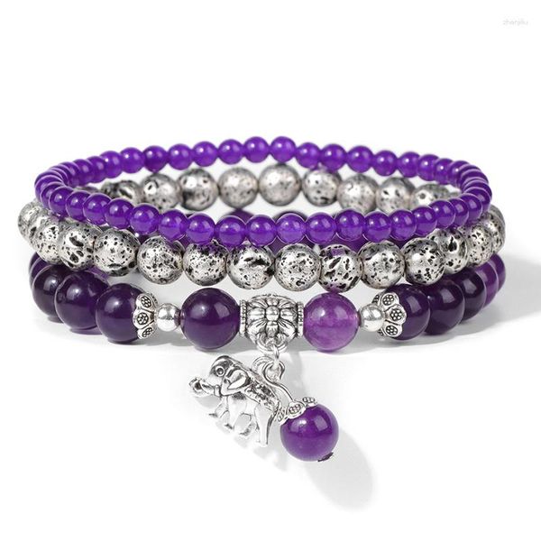 Strang Heilung Schmuck Naturstein Armband Runde Amethysten Quarz Energie Lava Glück Elefant Anhänger Armreifen Frauen