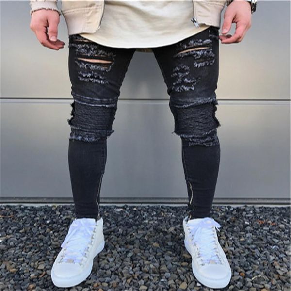 Мужская мода Тонкие мотоциклетные джинсы Micro-bomb Хип-хоп Мужские потертые рваные джинсы Дизайнерские черные джинсы на молнии Jean193a