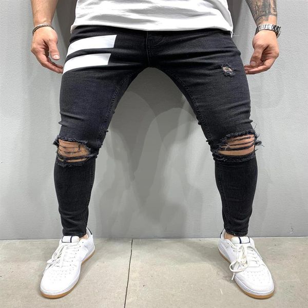 Männer Skinny Denim Biker Seite Gestreifte Jeans Zerrissene Bleistift Hosen Zerstört Loch Hip Hop Slim Fit Mann Zerkratzt Jean hombre Pantalon288H