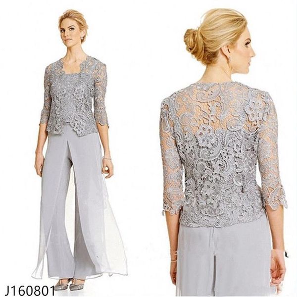 Tailleur pantalone per la madre della sposa in pizzo di classe con giacca in chiffon tre pezzi abito per invitati al matrimonio abiti da sposo per la mamma taglie forti210a