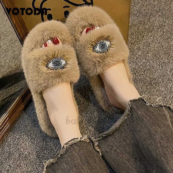 Hausschuhe Winter Pelzige Frauen Schuhe Flauschige Kunstfell Hausschuhe Strass Devil Eye Slides Plattform Haus Plüsch Warme Flip Flops Y2K Pelzschuhe babiq05