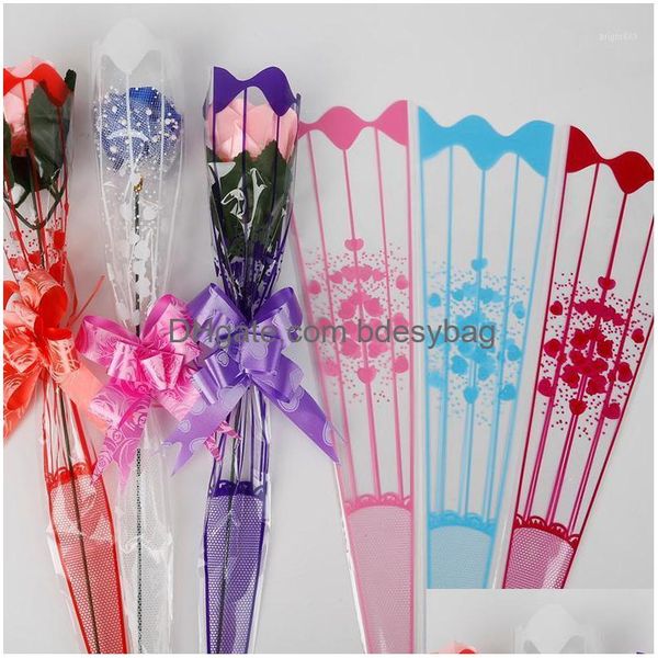 Envoltório de presente 100 Pçs / lote 9x34cm Embalagem Transparente Poly Bag Colorf Coração Padrão Celofane para Rose Bouquet Flor Drop Delivery Home Dhotc