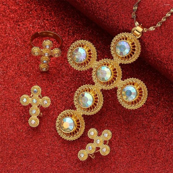 Collana Orecchini Set Tradizione etiope Croce Gioielli Etiopia Oro Eritrea Set per regalo di festa di nozze Habesha da donna