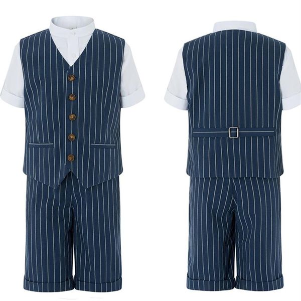 Sommer-Navy-Streifen-Jungen-Formelle Kleidung nach Maß 2-teilige hübsche Anzüge für Hochzeit, Abschlussball, Abendessen, Kinderkleidung, Weste, Hose315U