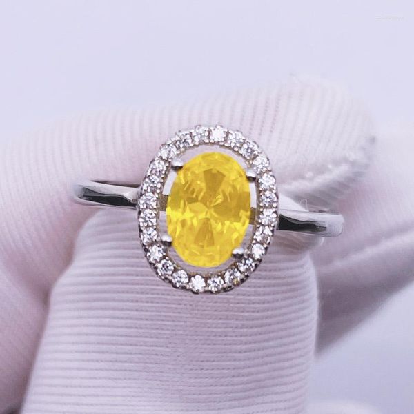 Anéis de cluster atacado amarelo gemstone anel de abertura ajustável corte oval sintético ítrio alumínio granada yag s925 prata esterlina