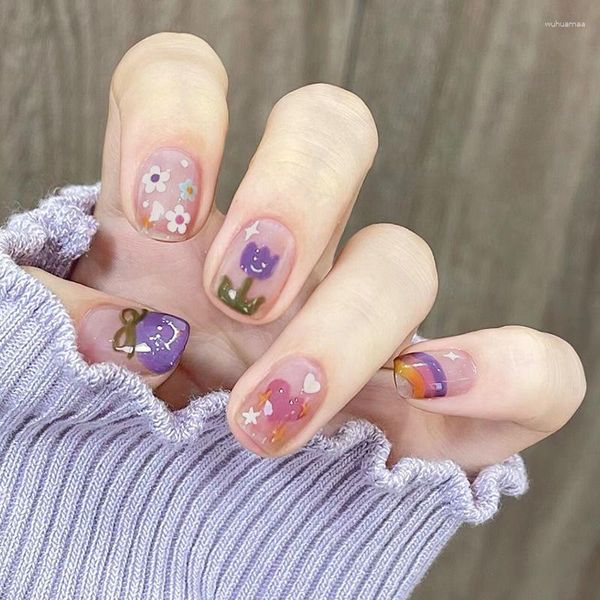 Накладные ногти 24 шт., милые тюльпаны, искусственные круглые накладные квадратные короткие типсы для ногтей, французский корейский балет, фиолетовый цветок в форме сердца