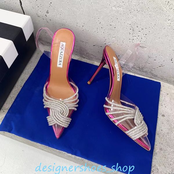 Aquazzura 2023 Designer di alta qualità tacchi sandali da donna Fondo rosso Tacchi con fibbia in cristallo abito da sposa partito scarpe tacco cinturino posteriore sexy sandalo con suola in cuoio 100%