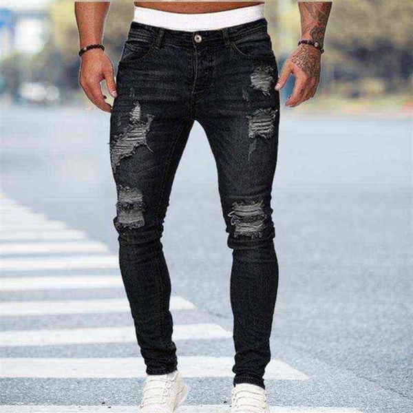 Preto calças de brim magros dos homens rasgados jeans masculino 2021 novo casual buraco verão rua hip hop magro denim calças homem moda jogger calças h2317