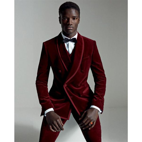Высокое качество двубортный темно-красный бархатный свадебный смокинг для жениха шаль с лацканами жениха мужские костюмы выпускной пиджак куртка брюки жилет 315S