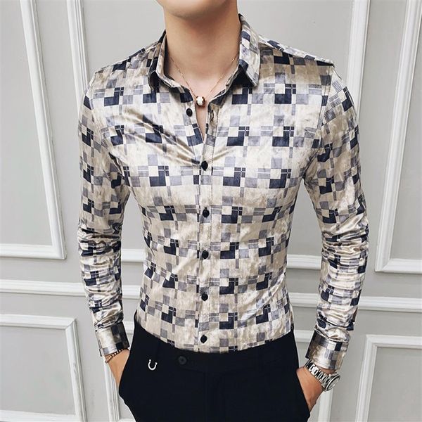 Sıradan Gömlek Pamuk İş Ofisi Gömlek Çek Velvet Gömlek Ekose Camisa Hombre İnce Fit Erkekler Moda Sokak Giyim Retro Mens297y