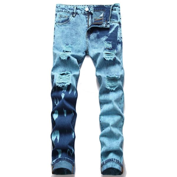 Jeans para hombres Fábrica High Street Fuerte Elástico Rodilla desgastada Pantalones de mezclilla rasgados Flacos Apilados Moda Casual253U