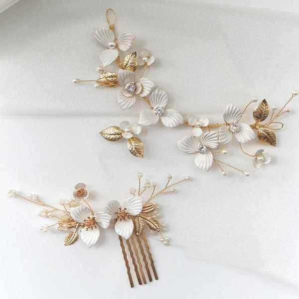 Grampos de cabelo feitos à mão simples romântico branco esmalte flor noiva banda folha de ouro videira pérola pente acessórios de casamento