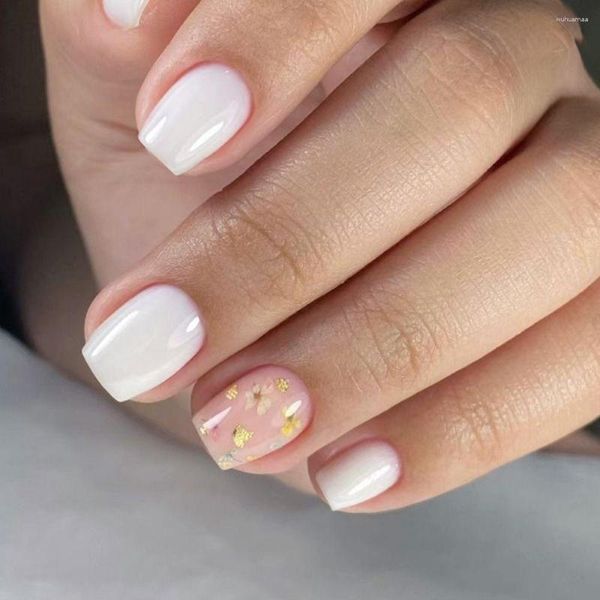 Falsas unhas longas bailarina moda francesa folha de ouro imprensa em fatia flores cobertura completa falso diy