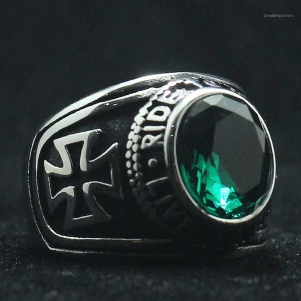 Rider Motorcycle Style Unisex in acciaio inossidabile 316L Cool Ride To Live Live To Live Cross Green Stone Classic Biker Ring1228R