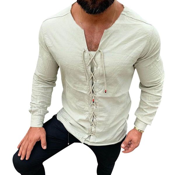 Camicie di lino in cotone di colore puro casual da uomo Camicie di lino slim fit sociali Camicette girocollo uomo bianco a maniche lunghe Clothi180f