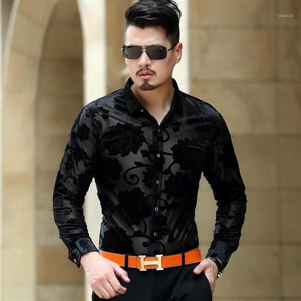 Camisas de vestido masculinas Top Moda Luxo Mens Veludo Inverno Quente Formal Camisa Grossa Slim Fit Flor Padrão Seda Preto Blue1269w