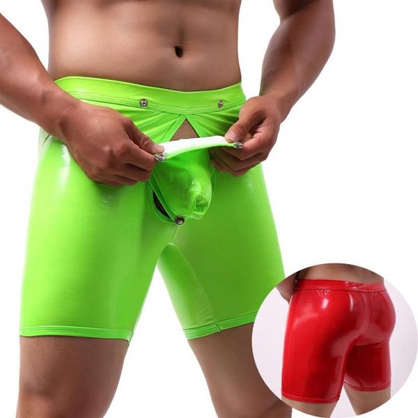 Cuecas sexy homens longo boxer roupa interior homens patente couro boxershorts exótico oco gay casal grande pênis saco palco mostrar masculino pa3132