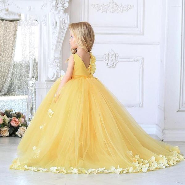 Mädchenkleider Gelbes Puffy-Blumenkleid für die Hochzeit Elegantes Kindergeburtstagsabend-Party-Applikations-Festzug-Erstkommunion-Ballkleid