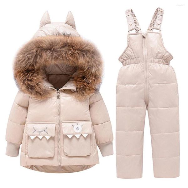 Casaco para baixo 2023 bebê menino menina jaqueta de inverno crianças snowsuit bib calças 2 peça conjunto skisuit com capuz puffer outfi