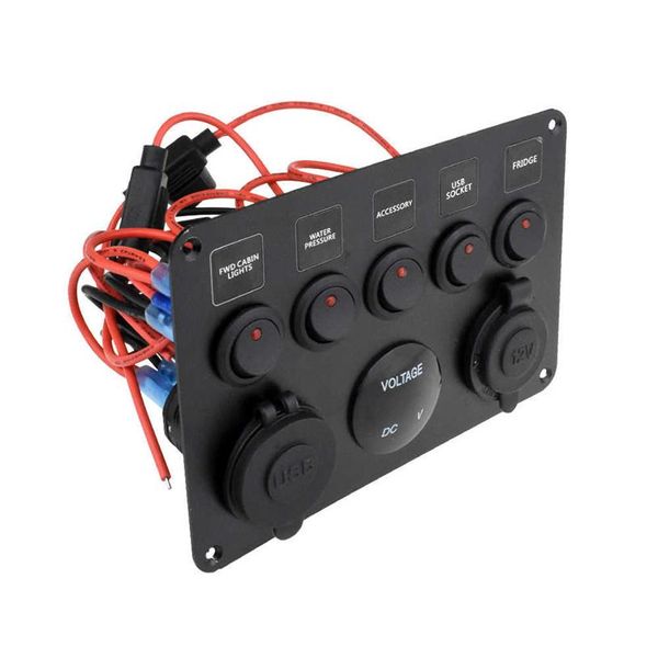 Pannello interruttori per barche a 5 gruppi Pannello interruttori per auto Voltmetro digitale impermeabile Doppia porta USB Combinazione di prese 12V Marine LED Rocker Car240S