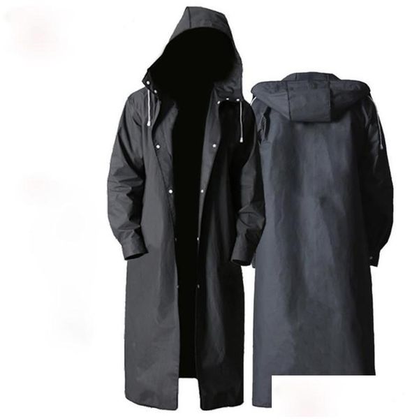 Raincoats preto impermeável longo capa de chuva mulheres homens capa de chuva com capuz para caminhadas ao ar livre viagem pesca escalada espessada moda adt d dhda6