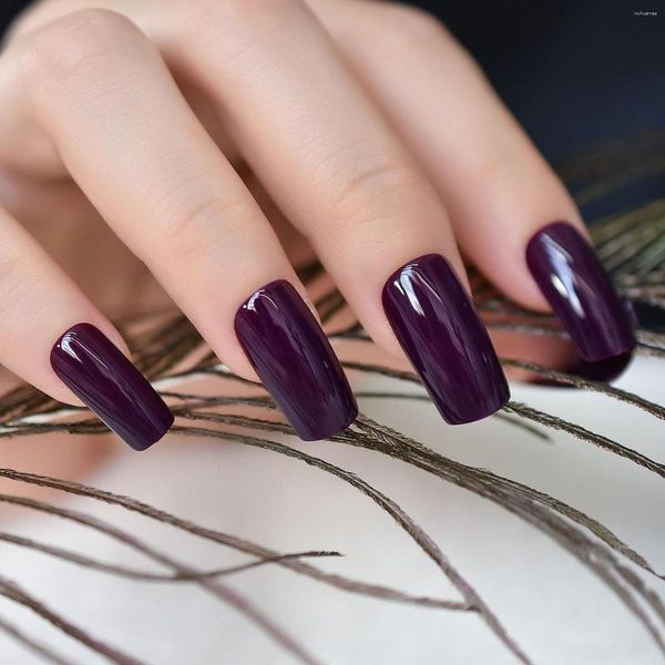 Unghie finte stampate su unghie finte viola scuro intenso, quadrate medie, lucide, regalo per ragazze e donne, 24 pezzi