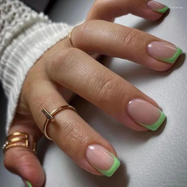 Unhas Falsas Verde Francês Simples Fresco Wearable Mini Curto Falso Cobertura Completa Destacável Imprensa Terminada Com Cola