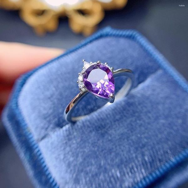Cluster Ringe Eleganter natürlicher Amethyst Silber Ring Birne 6x8mm Lila Echt 925 Sterling Schmuck für Frauen Mode Jubiläumsgeschenk