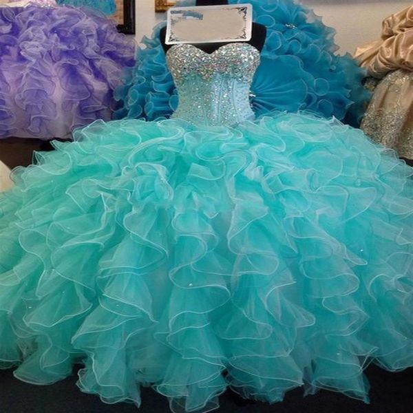 Brilhante lantejoulas cristal azul quinceanera vestidos 2021 nova imagem real querida rendas até doce 16 anos princesa vestido de baile cust238d