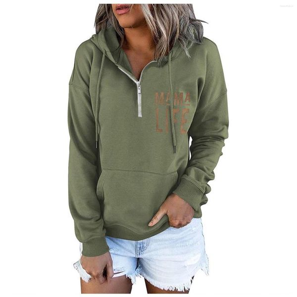 Frauen Hoodies 2023 Für Frauen Mama Leben Buchstaben Drucke Und Sweatshirts Langarm Casual Halb Zipper Lose Kleidung Mit tasche