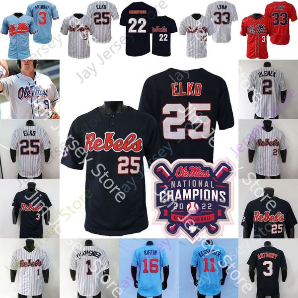 Campeão WS Ole Miss Baseball Jersey NCAA College Tim Elko Lance Lynn Loposer TJ McCants Harris Gaddis Drew McDaniel Derek Diamond Jack Dougherty Kemp Alderman