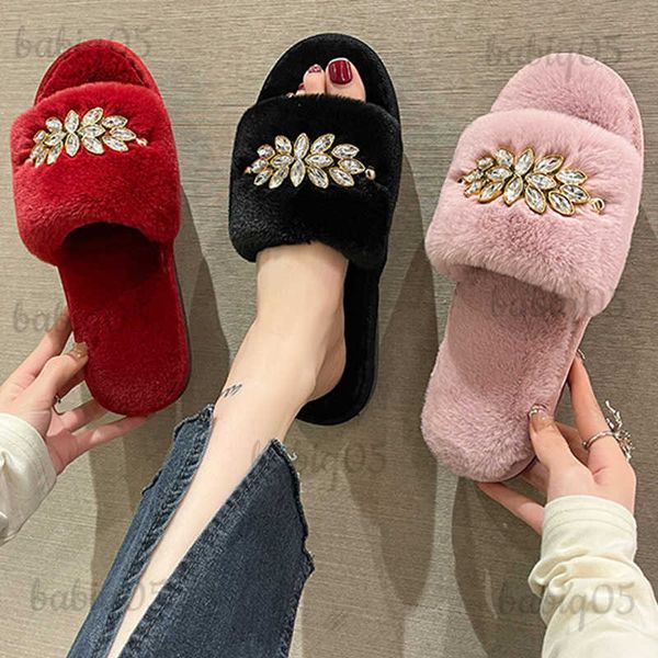 Hausschuhe Mode Kristall Blume Design Frauen Hause Flache Hausschuhe Einfarbig Offene spitze Hause Pelz Warme Rutschfeste Freizeit Innen frauen Schuhe babiq05