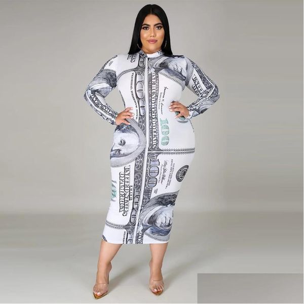 Plus Size Vestidos ZJFZML ZZ Mulheres Roupas Vestido 2022 Dinheiro Dólar Imprimir Manga Longa Bodycon Mid Bezerro Drop Atacado Entrega Vestuário Dhnr6