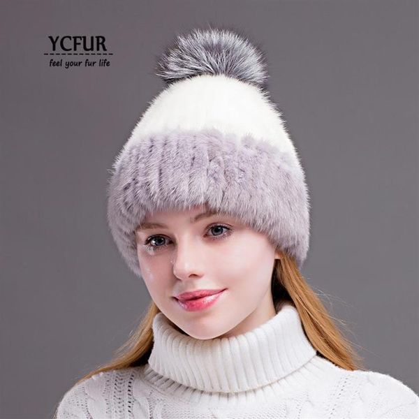 Зимние шапки YCFUR, шапки-бини для женщин, пришить в полоску, натуральная шапка, женская шапка-бини из натурального меха с меховыми помпонами, Hats339N