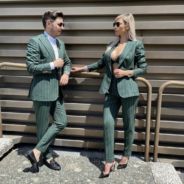 Herrenanzüge Blazer Paare passende Kleidung Set Herren gleich grün gestreift für Hochzeit formelle KleidungDaily Street Casual 2023 Blazer Hosen 230915