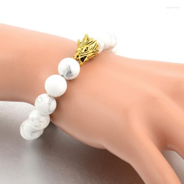 Link Pulseiras ATTRACTTO 8mm Natural Branco Verde Pedra Beads Pulseira Para Mulheres Cabeça de Leopardo Ouro Pulseira Mens Jóias Pulseiras SBR160138