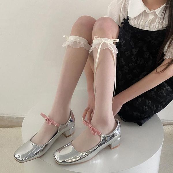 Calzini da donna JK Lolita pizzo con volant stile giapponese fiocchi di nastro calze bianco trasparente carino Kawaii Harajuku al ginocchio lungo