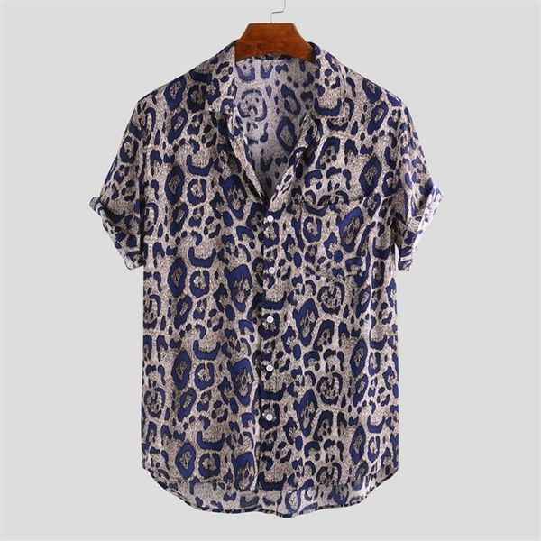 Camicie casual da uomo Uomo Leopard stampato Tasca sul petto Colletto rovesciato Manica corta Camicia quotidiana allentata Camisas Para Hombre Drop2484