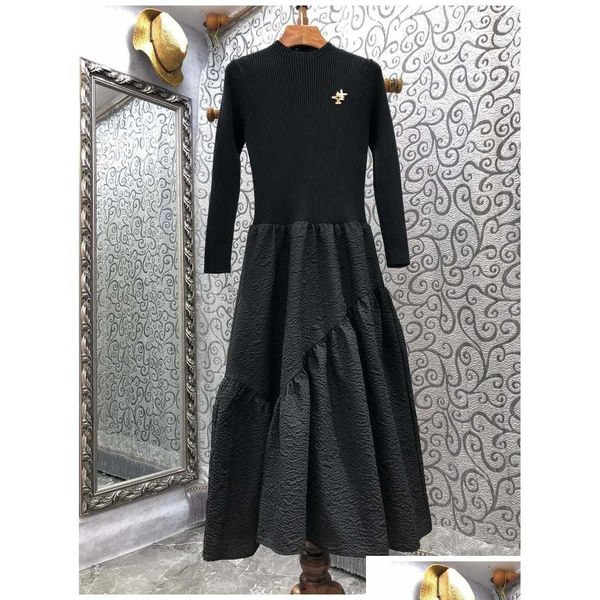 Vestidos casuais básicos um pedaço vestido 2023 outono inverno de alta qualidade mulheres vintage jacquard impressão malha manga longa camisola dhmjc