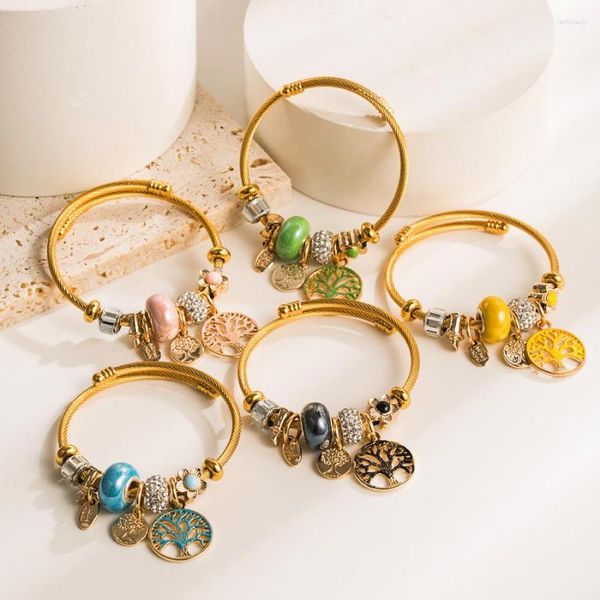 Braccialetti con ciondoli Bracciale in acciaio inossidabile dorato Albero della vita Cristalli smaltati colorati Perline Bracciale da donna Gioielli aperti