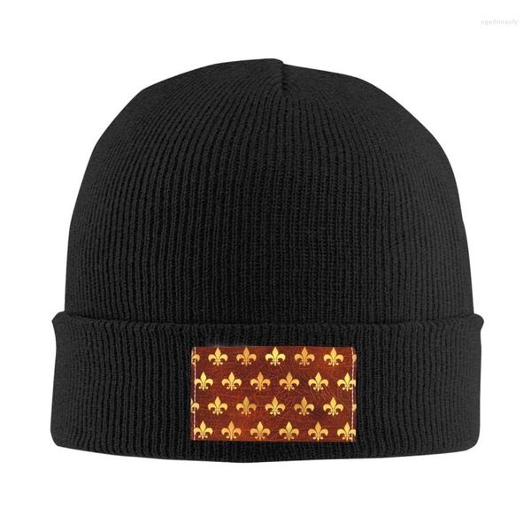 Berets Royal Gold Brown Couro Fleur de Lis Bonnet Chapéu Moda Malha para Mulheres Homens Inverno Quente Lírio Flor Skullies Beanies Caps