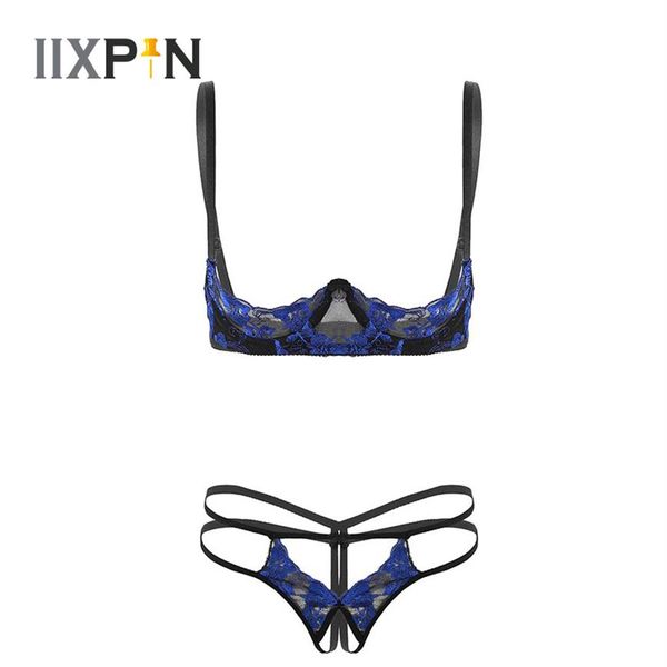 Damen-Dessous-Set mit erotischer Stickerei, transparenter Spitze, sexy, ungefütterter, gewellter, offener Cup-Bügel-BH mit ouvertem G-String, Tangas300O