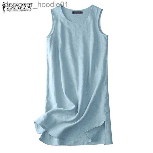 Vestidos casuais básicos ZANZEA feminino casa em torno do pescoço bainha dividida sem mangas vestido colete L230916