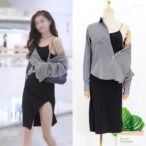 Arbeitskleider Kpop Korean Celebrity Temperament Langarm Einreiher Hemd Tops Schwarz Sexy Sling Split Kleid Zweiteilige Outfits Frauen