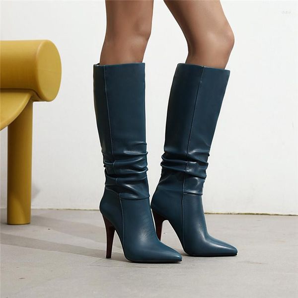 Botas Ymechic Inverno Stiletto Salto Alto Sexy Longo Plissado Azul Vermelho Preto Joelho Bota Apontada Moda Senhoras Sapatos