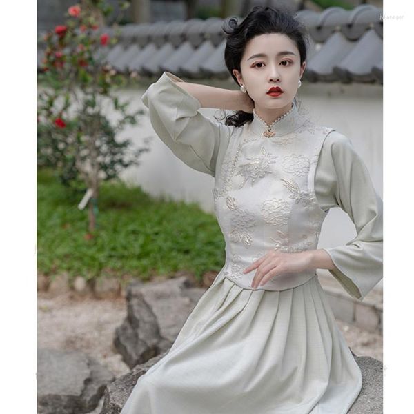 Повседневные платья в китайском стиле, Ретро Cheongsam, улучшенное элегантное милое платье для женщин 2023, жемчужный воротник-стойка с длинным рукавом, осеннее Qipao Vintage