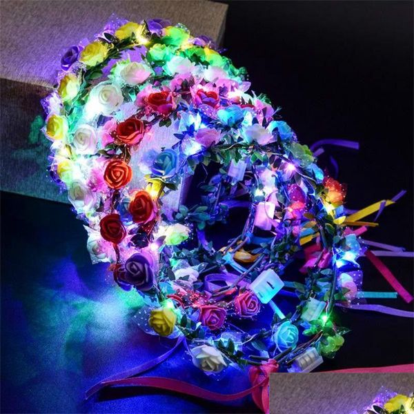 Ghirlande di fiori decorativi Ghirlanda a LED Abito Ghirlanda per capelli Corona nuziale damigella d'onore Corona floreale Hawaii Decorazioni per le vacanze al mare Accessori Drop Dhflm